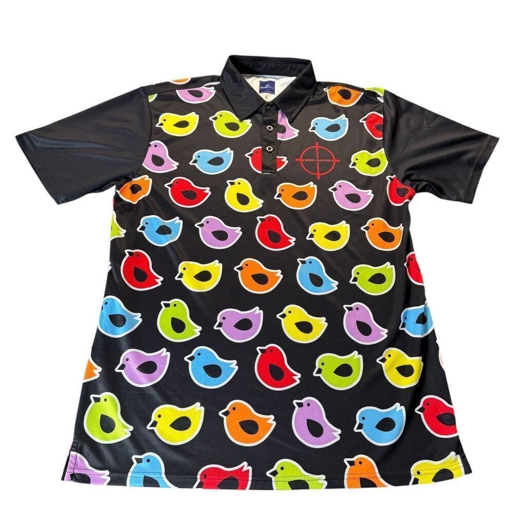 ReadyGOLF Sz L Birdie Hunting Mens Golf Polo ShirtAll Over Print Colorful AOP
